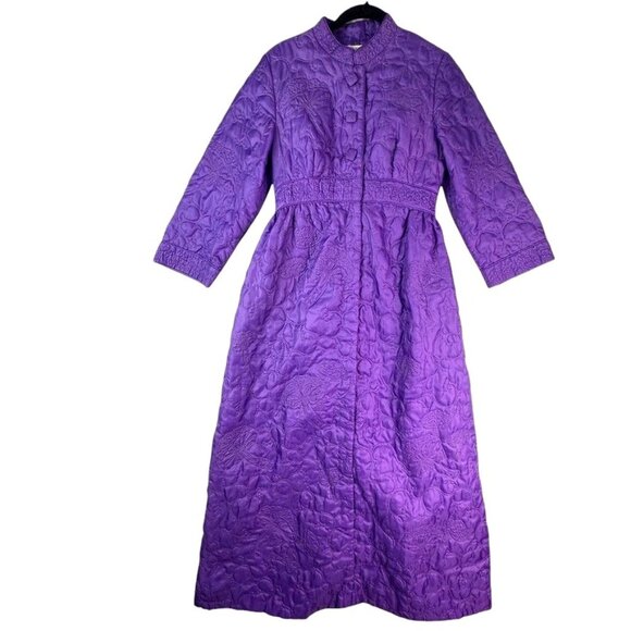 Vintage 50s-60s Purple Quilted Mushroom Print HouseCoat Dress Robe Size P RARE - Picture 1 of 13